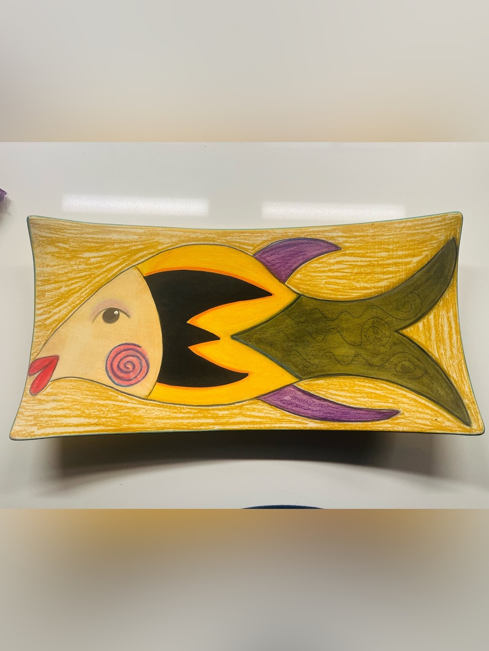 Hand-Painted Fish Ceramic Platter in Yellow, Purple & Black